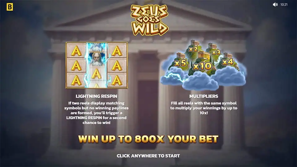 Introduction screen of Zeus Goes Wild slot with lightning, respins, and multipliers up to 10x in a classical Greek setting.