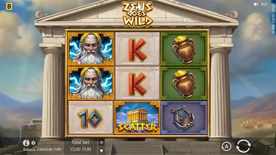 Base game screen of Zeus Goes Wild with Zeus symbols, amphorae, and temple scatter on marble reel frames.