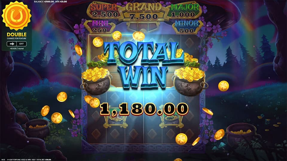 “Total Win” message with 1,180.00 payout, flying gold coins, and jackpot cauldrons shining on a dark enchanted background.