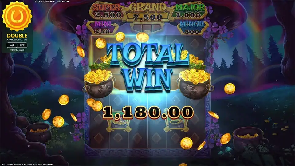 “Total Win” message with 1,180.00 payout, flying gold coins, and jackpot cauldrons shining on a dark enchanted background.