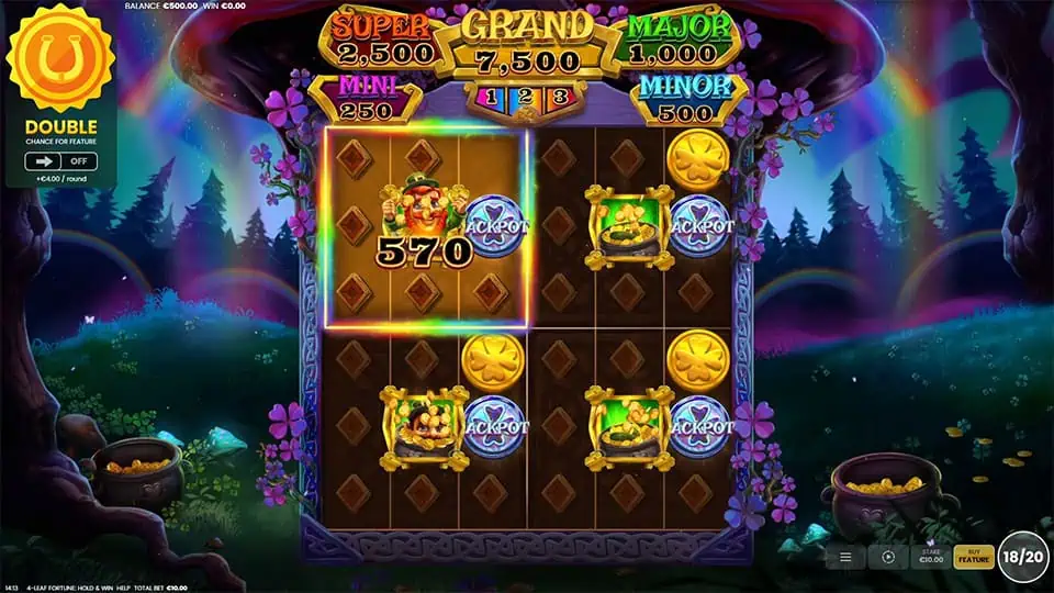 Slot feature screen with glowing coin symbols labeled “Jackpot,” bonus pots, and colorful values during Hold & Win mode.