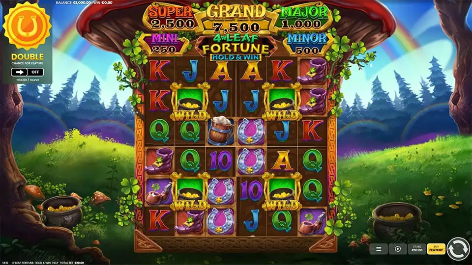 Colorful reels filled with boots, hats, coins, wilds, and card symbols under a jackpot tree canopy in a lush forest scene.