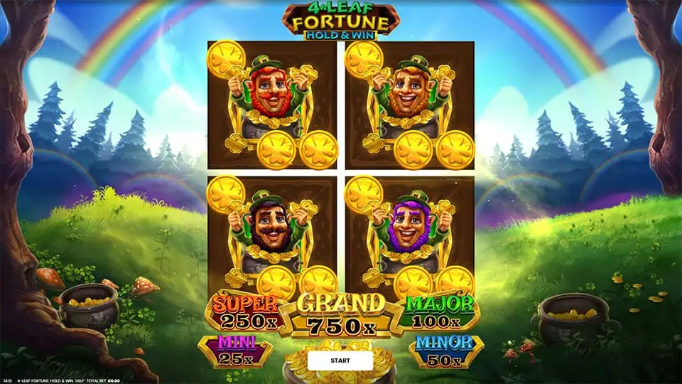 Game intro screen showing leprechaun characters holding coins, jackpot values listed below, and a bright double rainbow sky.