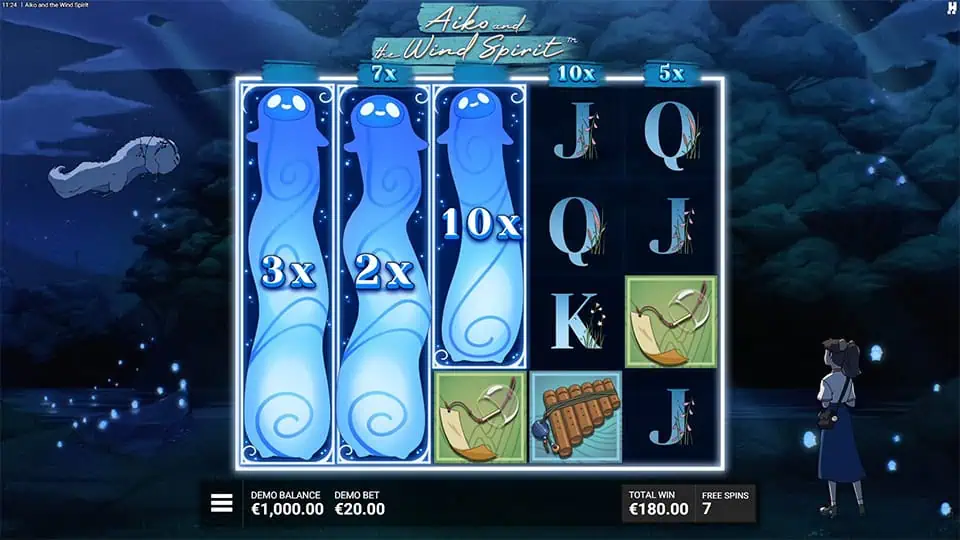 Three Wind Spirit reels with multipliers triggered during Free Spins feature.