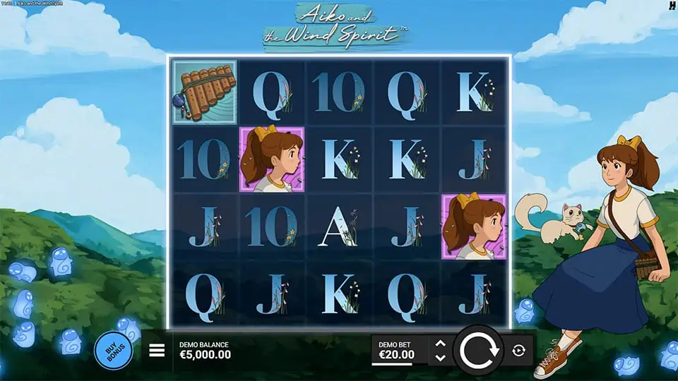Slot reels with Aiko, instruments, and card symbols over a bright mountain backdrop.