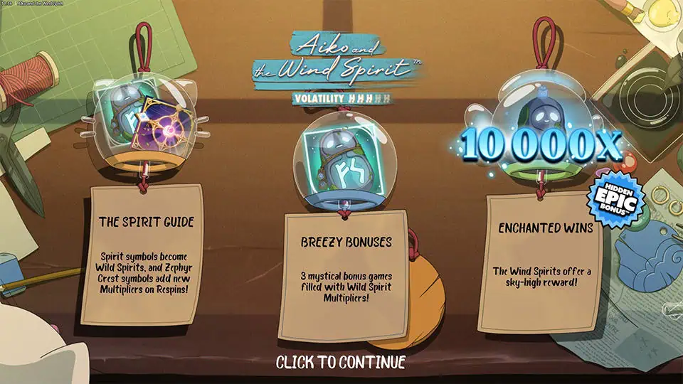 Intro screen showing Wind Spirit mechanics, bonus features, and a 10,000x max win.