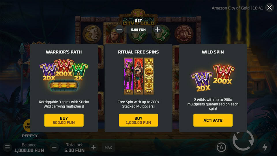 Bonus Buy menu in Amazon City of Gold with three selectable features: Warrior’s Path, Ritual Free Spins, and Wild Spin.