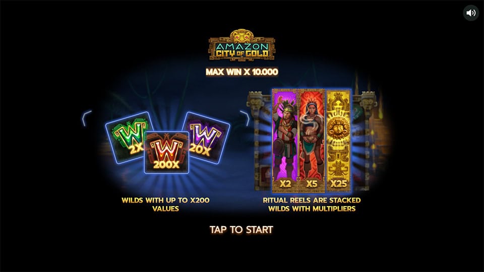 Introduction screen of Amazon City of Gold showcasing wild multipliers, Ritual Free Spins, and the 10,000x max win feature.