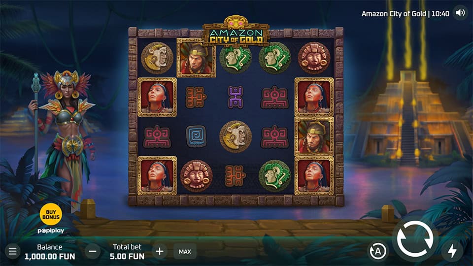 Amazon City of Gold base game with warrior symbols, animated character on each side, and 2x and 4x multipliers on the reels.