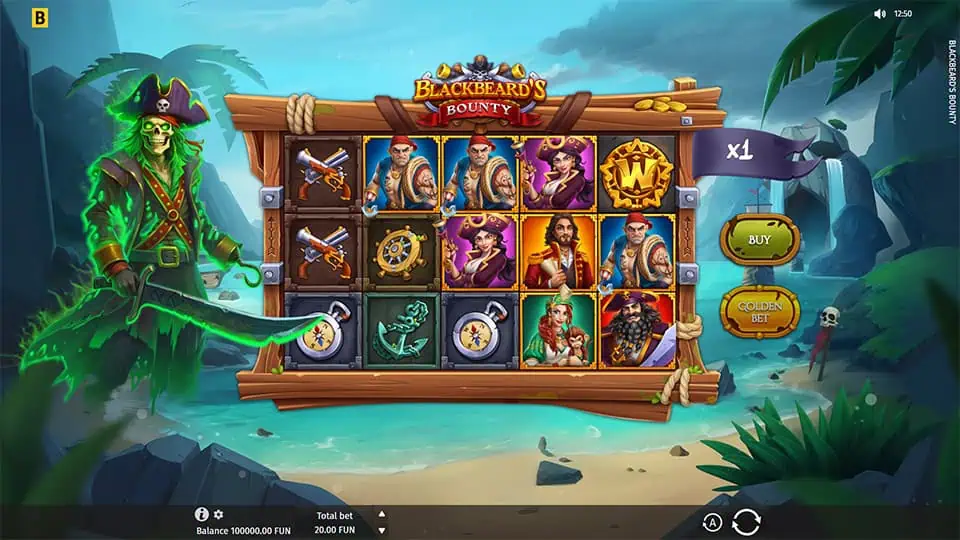 Base game screen with pirate characters, cannons, and treasure-themed symbols.