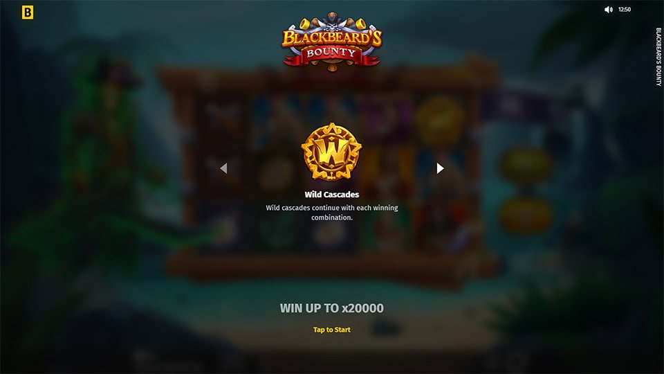 Intro screen with Blackbeard’s Bounty logo, pirate ship, and treasure on the shore.