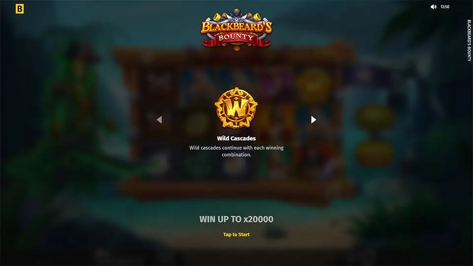 Intro screen with Blackbeard’s Bounty logo, pirate ship, and treasure on the shore.