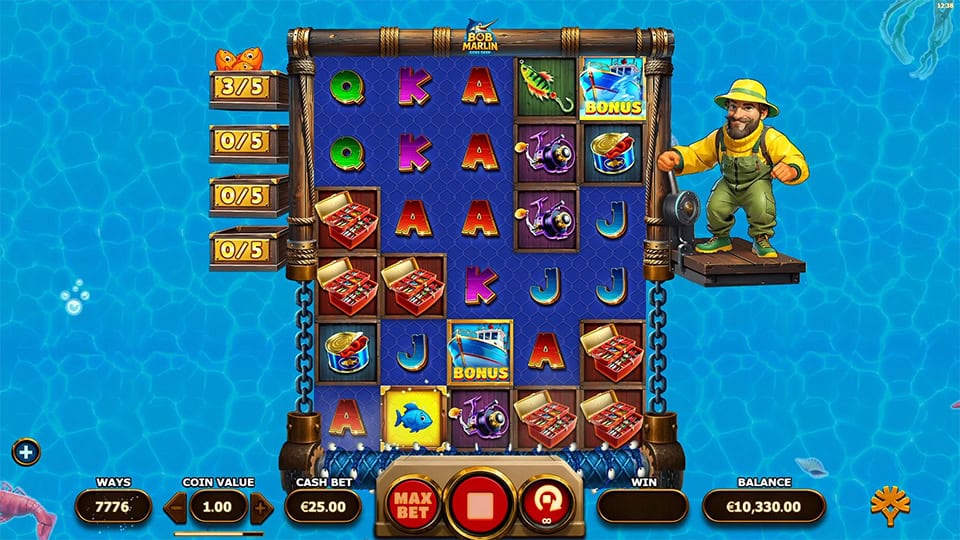 Highlighted grid with blue fish symbol, fishing reels, hooks, and premium gear.