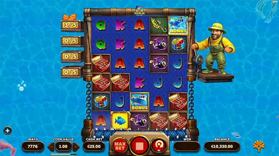 Highlighted grid with blue fish symbol, fishing reels, hooks, and premium gear.