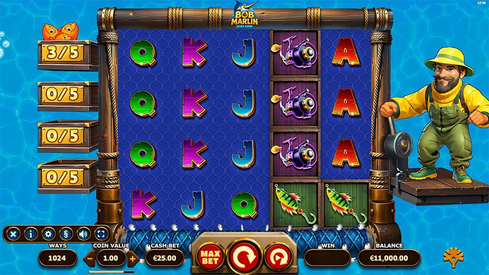 Underwater-themed reels with fisherman character, fish symbols, and bonus icons on a fishing rig.