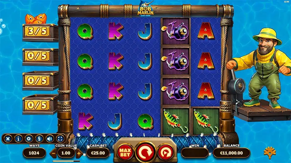 Underwater-themed reels with fisherman character, fish symbols, and bonus icons on a fishing rig.