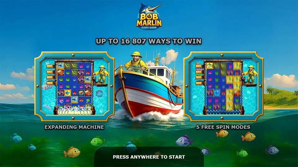 Intro screen showing boat, expanding reels, and five bonus spin modes with colorful fish.