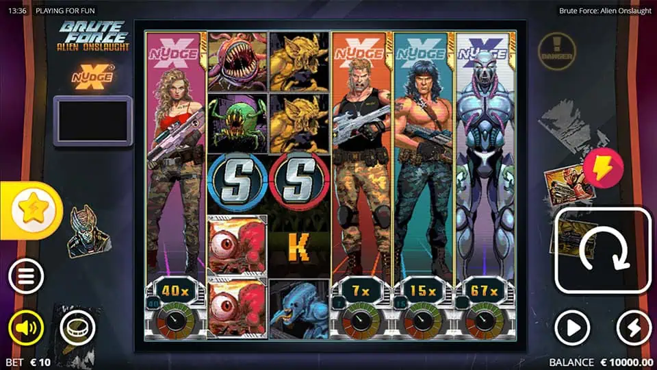 Slot screen with sci-fi soldiers, alien enemies, and XNudge wilds across five reels.