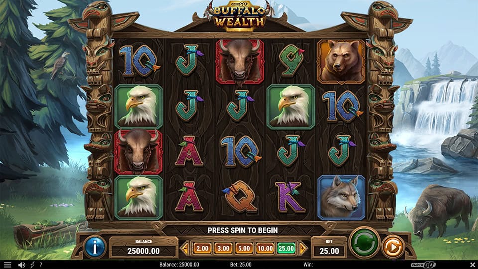 Slot grid with animal symbols like eagles, wolves, and bears on a wooden reel frame.
