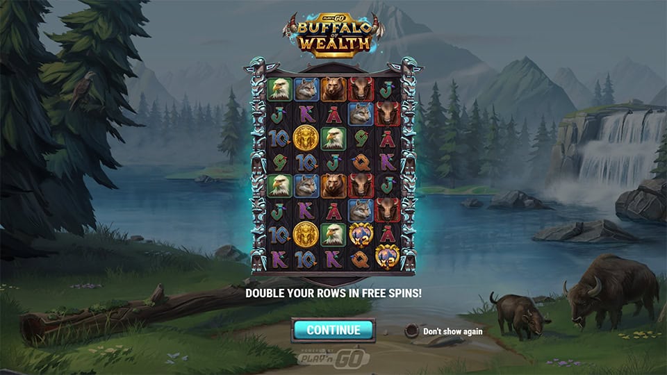 Intro screen with expanded reel visuals, forest lake background, and bonus modes.