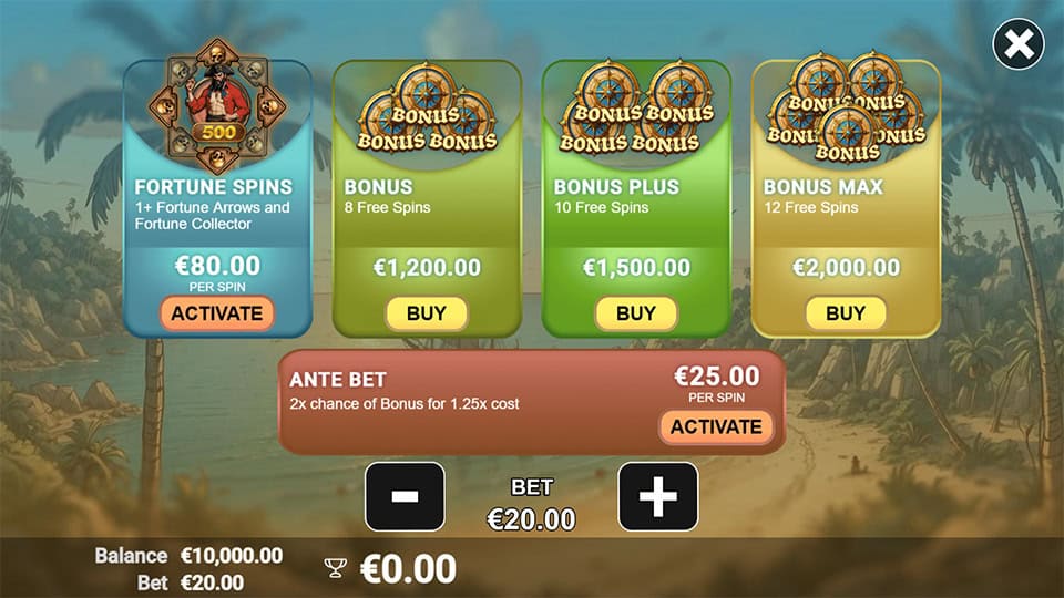 Captain More'gain bonus buy screen with Fortune Spins, Bonus Max, and Ante Bet settings.