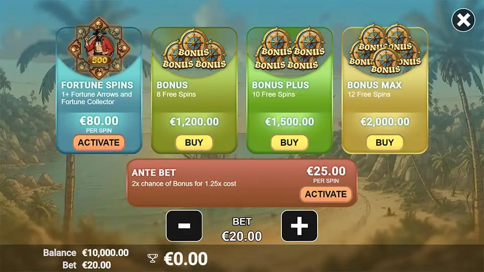 Captain More'gain bonus buy screen with Fortune Spins, Bonus Max, and Ante Bet settings.