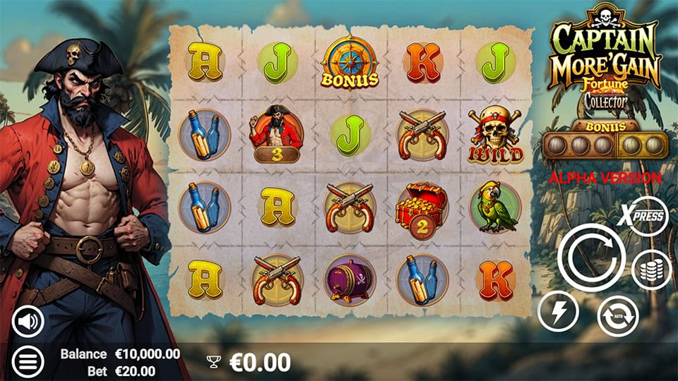 Captain More'gain slot grid with wilds, bonuses, and pirate-themed icons on a map-style reel.