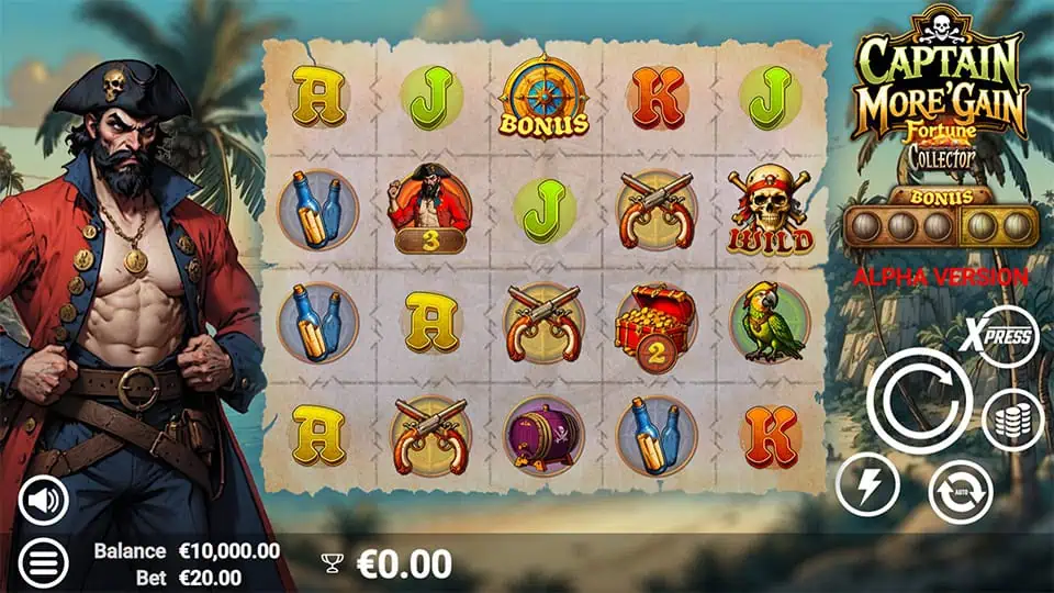 Captain More'gain slot grid with wilds, bonuses, and pirate-themed icons on a map-style reel.