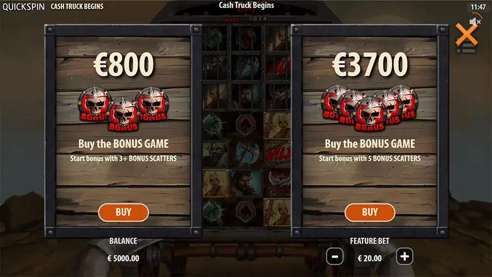 Bonus Buy screen in Cash Truck Begins offering standard bonus for €800 and upgraded 5-scatter bonus for €3,700.