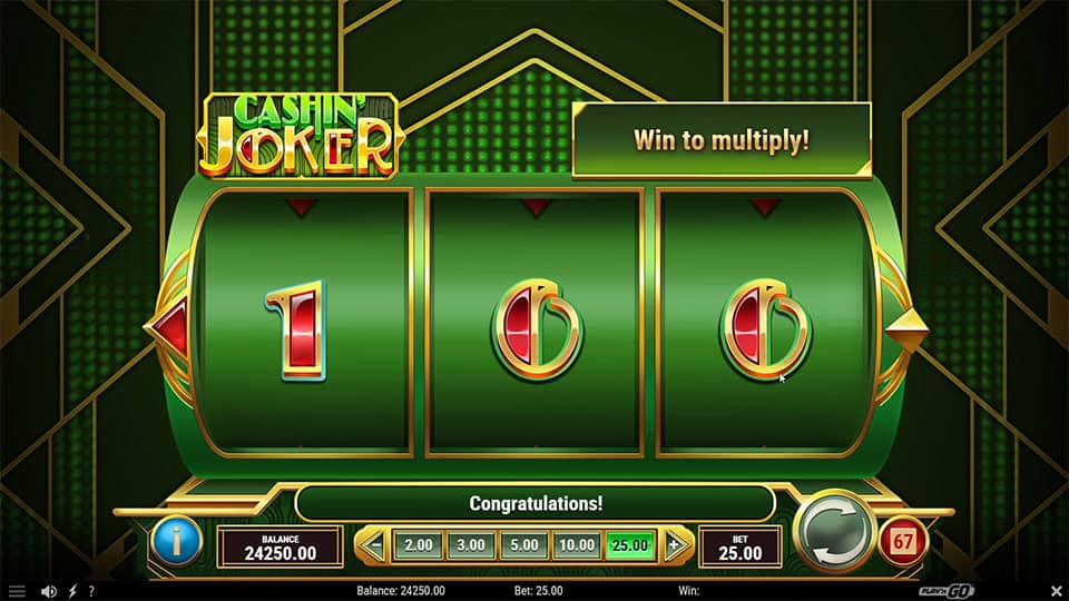 Three-reel screen showing completed x100 with symbols 1, 0, and 0 in green and red.