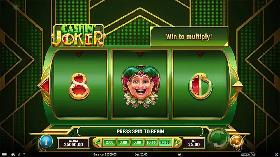 Three-reel setup with joker symbol and colorful numbers on green and gold interface.
