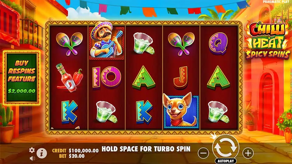 Base game reels filled with tequila, chihuahuas, maracas, and card symbols on a wooden backdrop.