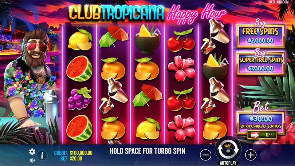 Reels featuring tropical fruits, cocktails, and flower symbols, set in a lively beach bar environment.