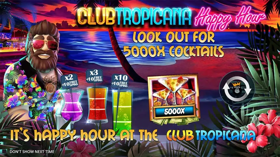 Intro screen showing 5000x cocktail feature, multipliers for free spins, and tropical sunset beach scene.