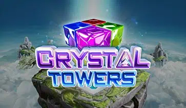 Crystal Towers slot logo floating above a rocky peak in the sky, with glowing gem cube symbol.