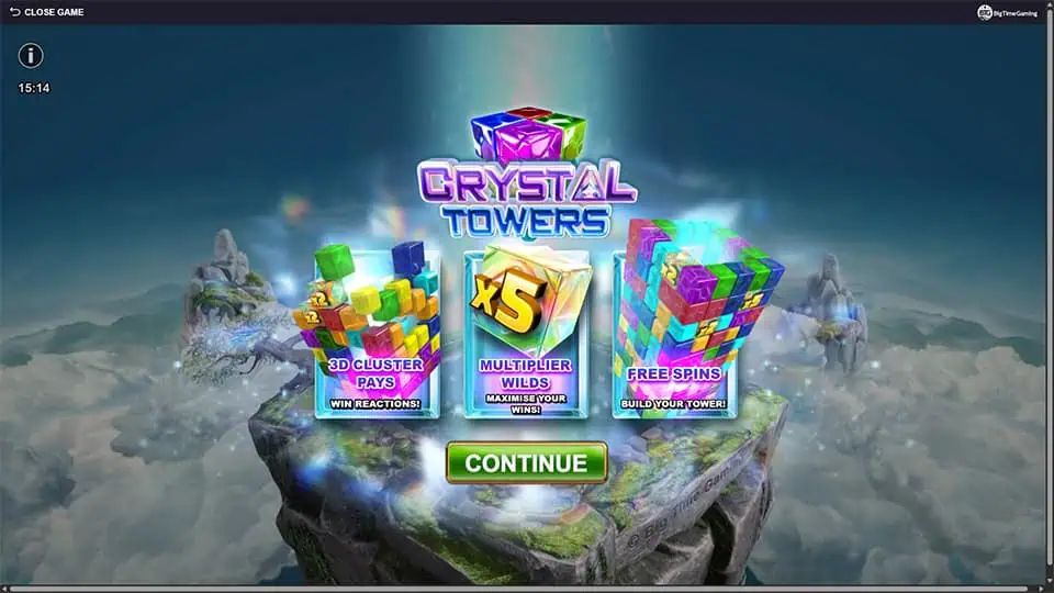 Intro screen of Crystal Towers highlighting 3D Cluster Pays, Multiplier Wilds, and Free Spins features.