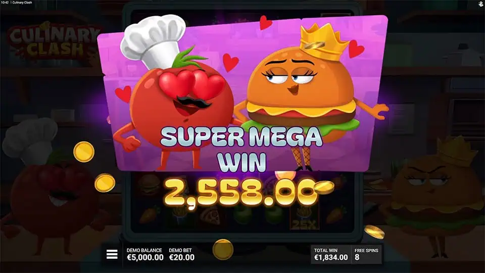 Win screen with tomato and burger characters celebrating €2,558 win.