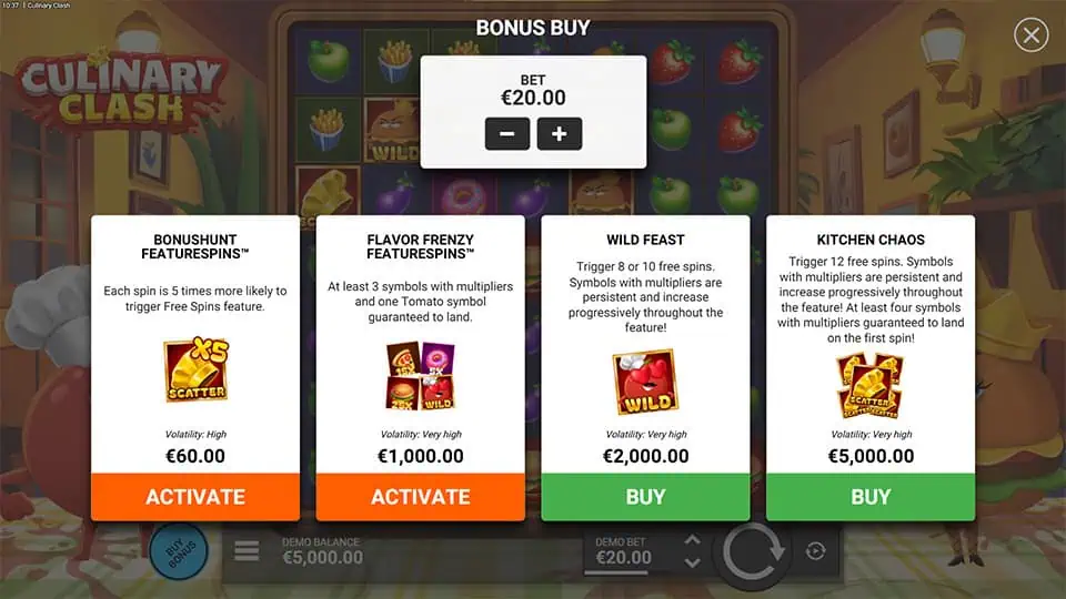 Bonus buy menu with four options including Kitchen Chaos and Wild Feast.