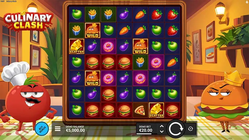 Main game screen with food icons like burgers, fries, and carrots on a grid.