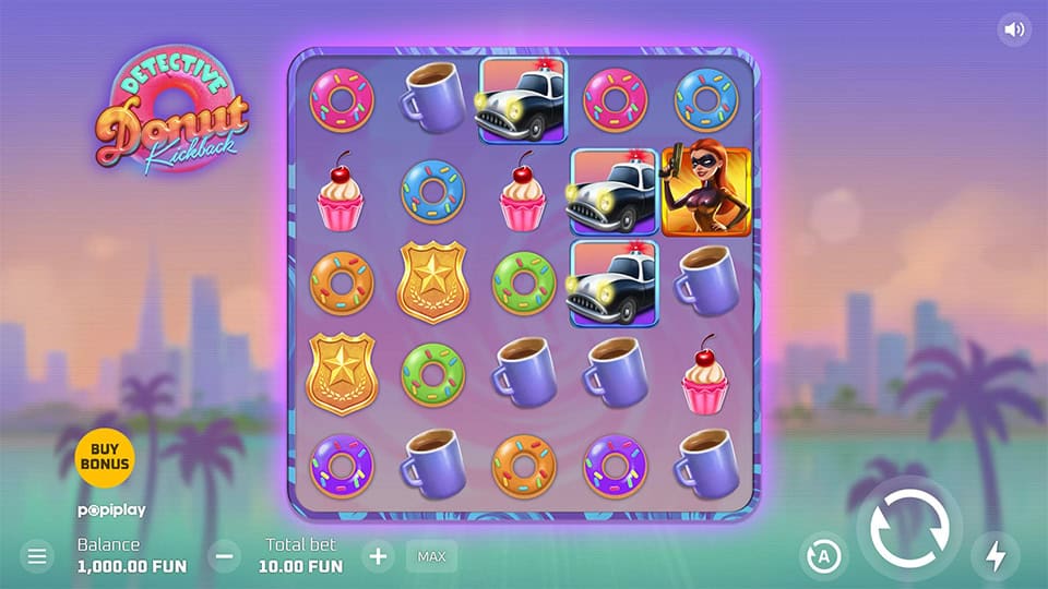 Base game screen of Detective Donut Kickback showing donuts, coffee mugs, police cars, and cupcakes on a 6x5 grid.