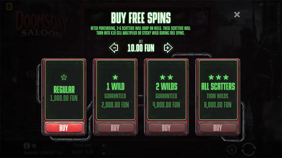 Bonus buy menu in Doomsday Saloon with four options, including wild guarantees and full scatter-to-wild conversions.