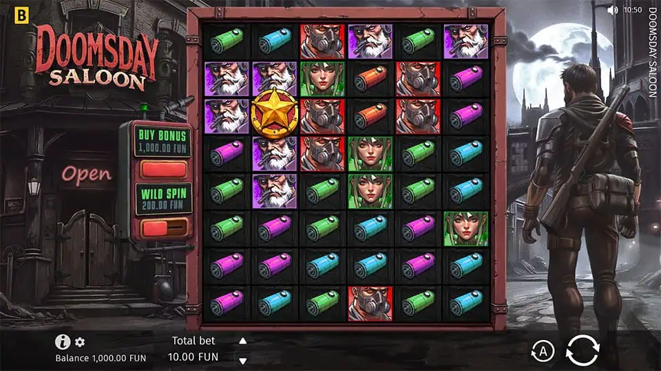 Base game screen of Doomsday Saloon with gritty visuals, battery symbols, and a 6x6 grid layout.