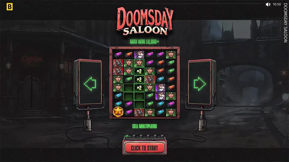 Start screen of Doomsday Saloon with the game’s title, shadowy characters, and a saloon entrance glowing "Open".