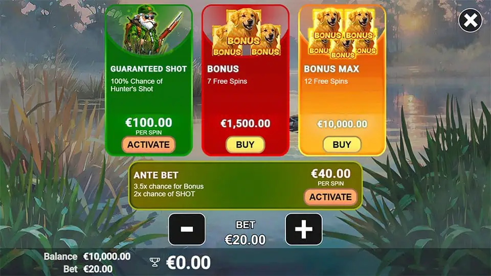 Bonus buy menu in Duck Hunt 500 displaying Guaranteed Shot, 7 Free Spins, and Bonus Max 12 Free Spins, with ante bet activation.