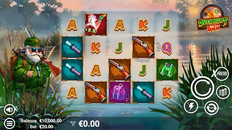 Base game screen of Duck Hunt 500 showing reels with hunting gear, ducks, and playing card symbols, with the hunter standing ready on the left.