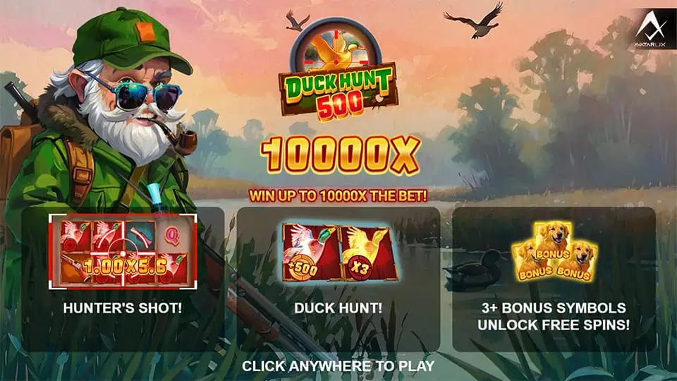 Intro screen of Duck Hunt 500 slot showing the hunter character, a scenic lake backdrop, and key features like Hunter’s Shot, Duck Hunt multipliers, and Free Spins up to 10,000x win.