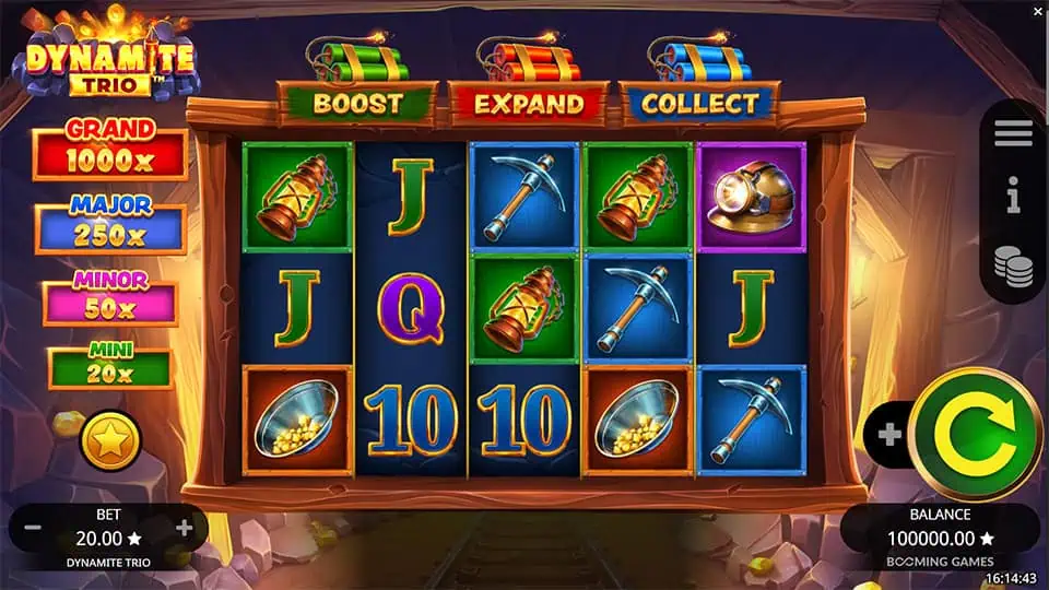 Base game screen of Dynamite Trio slot with mining-themed symbols like pickaxes, helmets, and lanterns across colorful reels.