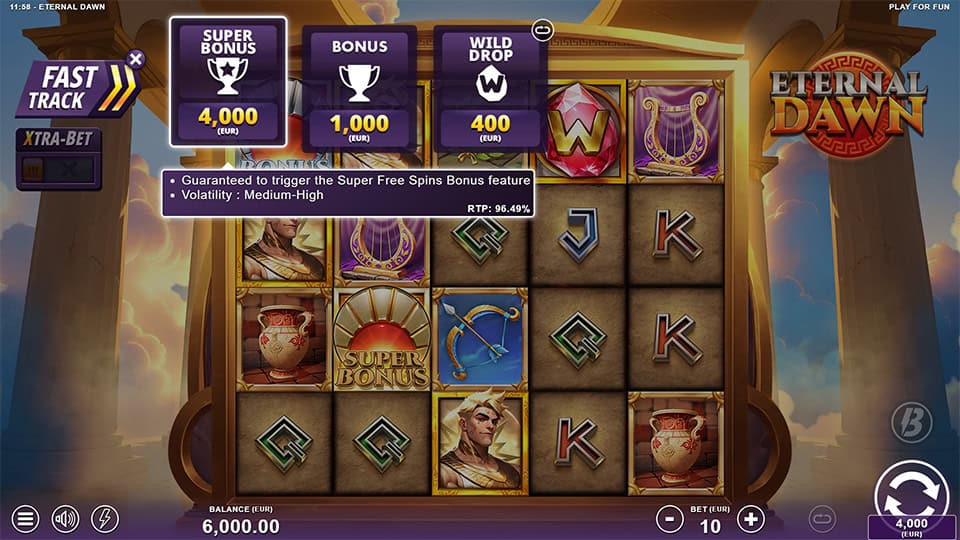 Eternal Dawn slot bonus buy menu with options for Bonus, Super Bonus, and Wild Drop, including their prices and volatility.