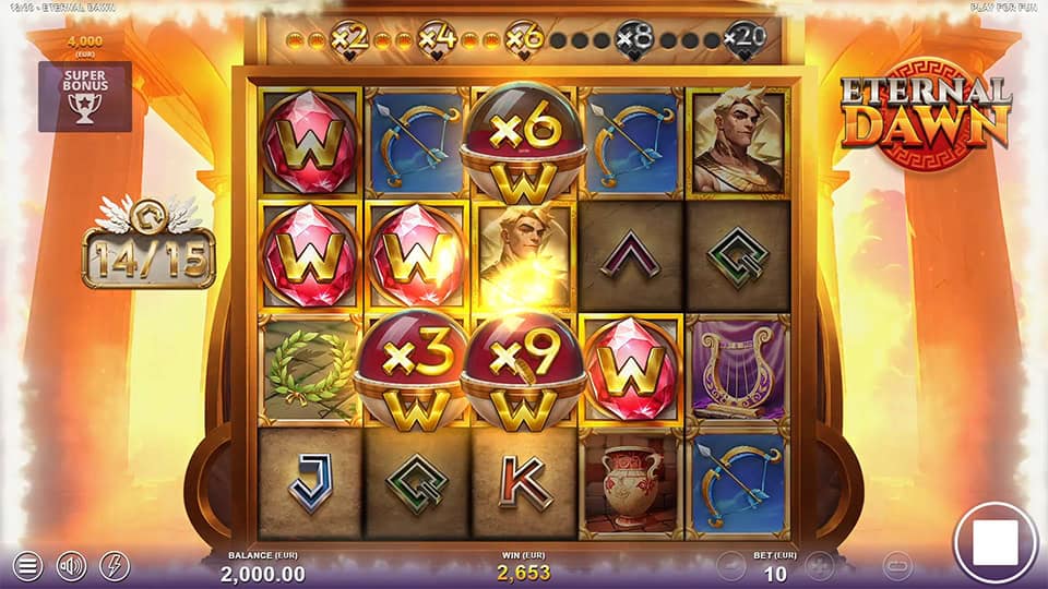 Free Spins mode in Eternal Dawn slot showcasing golden roaming wilds with x3, x6, and x9 multipliers across the reels.