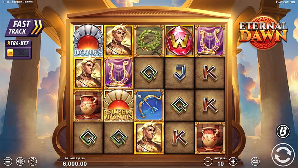 Eternal Dawn base game screen featuring classical Greek symbols like laurel wreaths, harps, and gods with 5x3 reels.